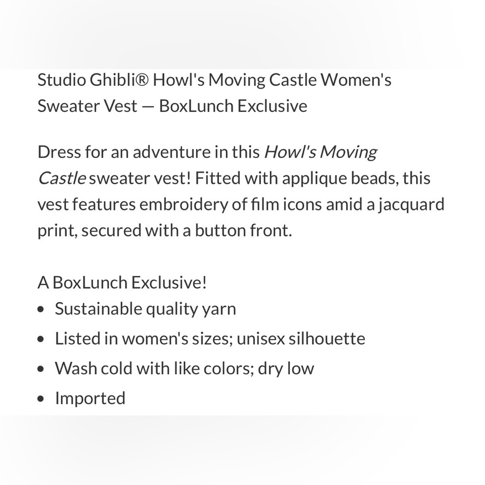Boxlunch exclusive Studio Ghibli Howls moving castle women’s sweater vest size m - Picture 5 of 7